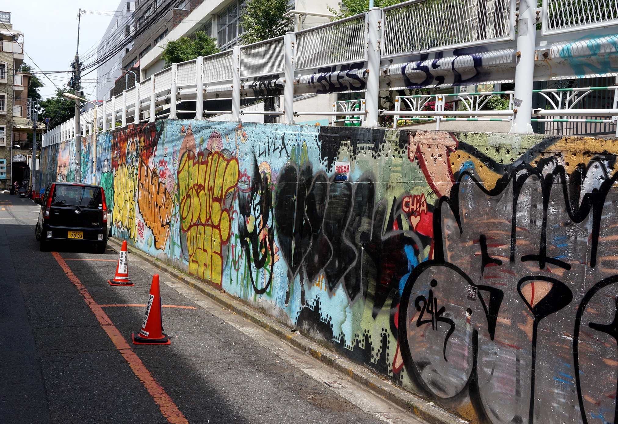 Weiterer Blick über die bemalte Wand. Die war eigentlich recht lang. In Japan sind Graffiti ja eigentlich was seltener als bei uns.